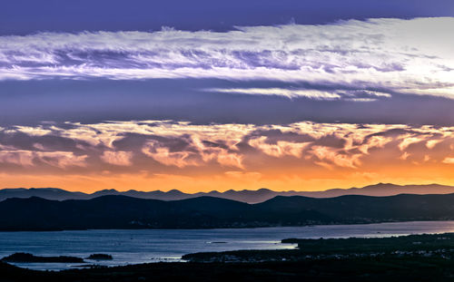 Scenic view of sea against dramatic sky during sunset