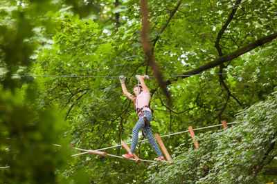 Low angle view of person hanging on tree in forest