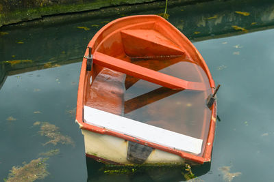 High angle view of boat floating on lake