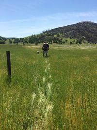 Rear view of man walking with dog on grassy field against sky