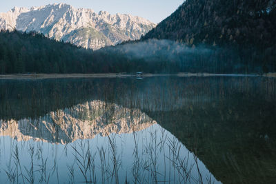 Scenic view of lake and mountains against sky