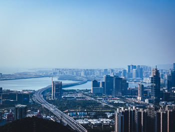 High angle view of cityscape against clear sky