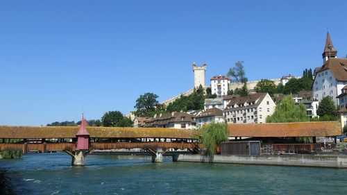 Bridge over river by buildings against clear blue sky