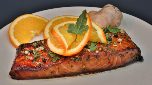 Close-up of served in plate on table