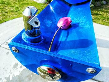 Close-up high angle view of blue container