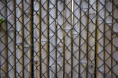 Full frame shot of metal fence against wall