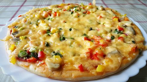 High angle view of breakfast served on table