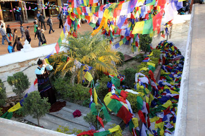 High angle view of people walking in temple