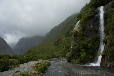 Scenic view of river amidst mountains against sky