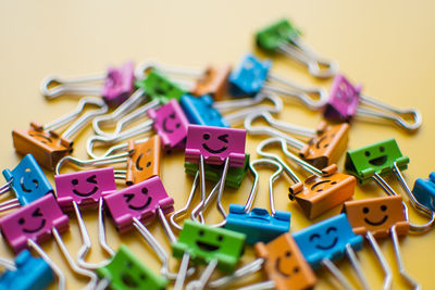 High angle view of various toys on table