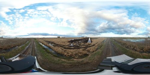 Panoramic view of road amidst field against sky