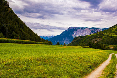 Scenic view of field and mountains against sky