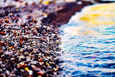 Close-up of pebbles on shore at beach