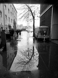 Reflection of buildings in puddle on street