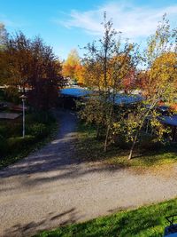 Road amidst trees and buildings against sky