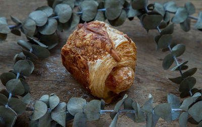 High angle view of bread on cutting board