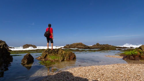 Rear view of man standing on rock against blue sky