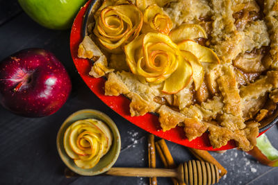 Apple pie plate decorative wood cinnamon baking honey food prep styled