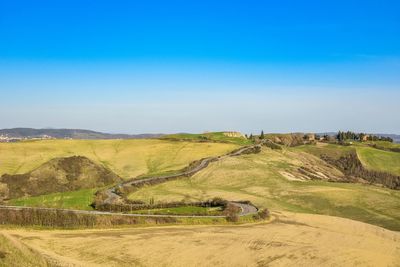 Scenic view of landscape against clear blue sky