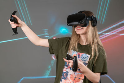 Caucasian girl in 3d glasses travels in virtual reality