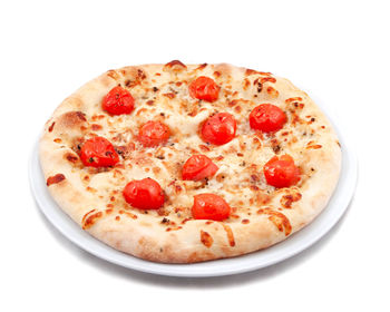 View of pizza on white background