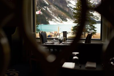 Table by window at sunset