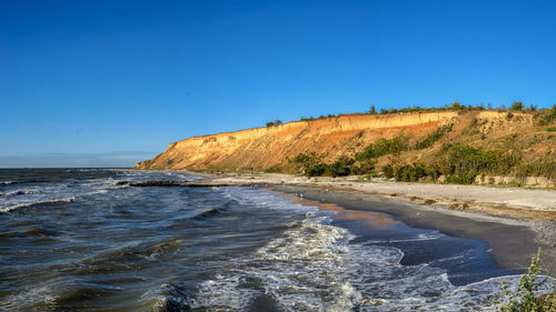 Black sea coast of the resort village morskoe, odessa region, ukraine, on a sunny spring day