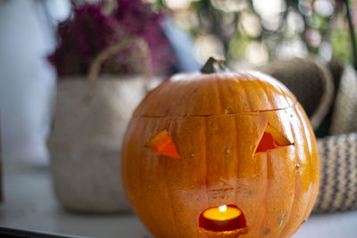 Close-up of pumpkin on table during halloween