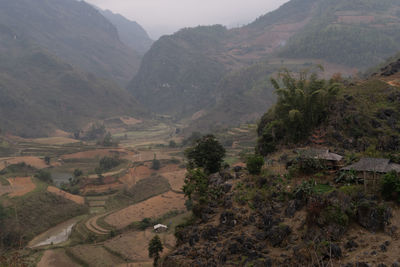 High angle view of landscape and mountains