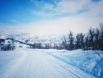 Snow covered landscape against sky