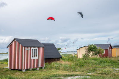 Low angle view of built structures against sky