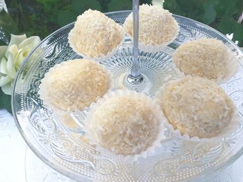 High angle view of dessert on table