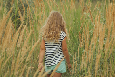 Girl walking on a tall grass