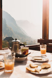 High angle view of breakfast on table