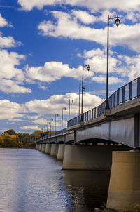 Bridge over river against sky in city