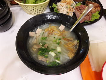 High angle view of soup in bowl on table