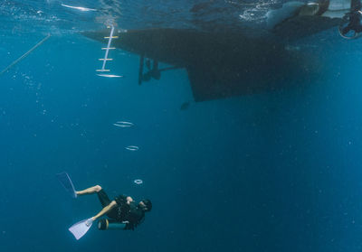 Diver approaching dive boat at the great barrier reef