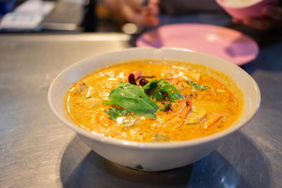 Close-up of soup in bowl on table