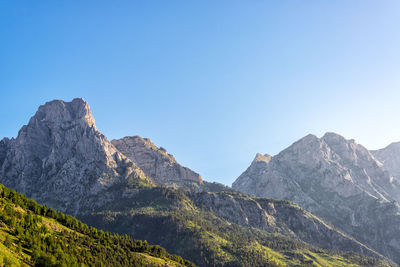 Scenic view of mountains against clear blue sky