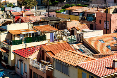 High angle view of houses in city