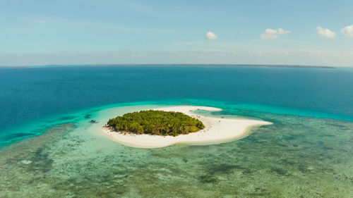 Tropical island with beautiful beach, palm trees and turquoise water view from above. patawan island