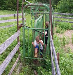 High angle view of siblings playing amidst fence 