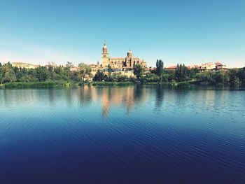 Scenic view of river against clear blue sky