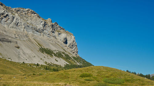 Low angle view of rocky mountain against clear blue sky