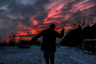 Silhouette of man standing by tree against sky during sunset