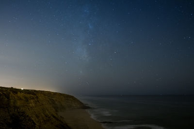 Scenic view of sea against clear sky at night