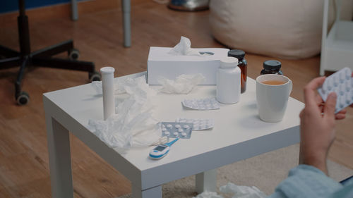 High angle view of coffee cup on table