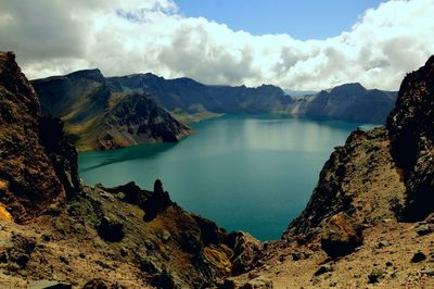 Panoramic view of lake and mountains against sky