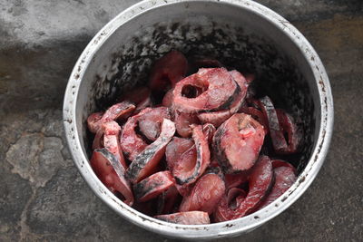 High angle view of meat in container