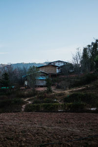 Trees and houses on field against clear sky